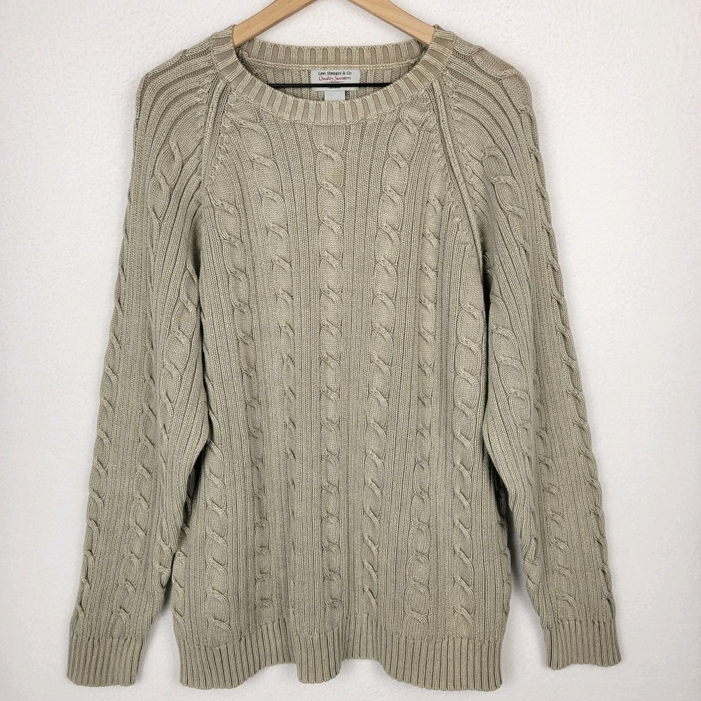Levi's Oversized Cable Knit Sweater‎ XXL Beige 100% Cotton Vintage 90s Fisherman
